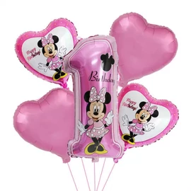 Első szülinapos lufi szett, 1st birthday Minnie egér mintával 5 db-os 