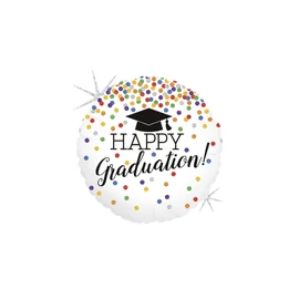 Happy graduation fehér, színes pöttyös ballagási fólia lufi 18 inc