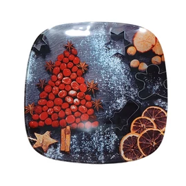Karácsonyi Lapos kínáló tál, üvegből, sütiformás, porcukros díszítéssel 20x20cm