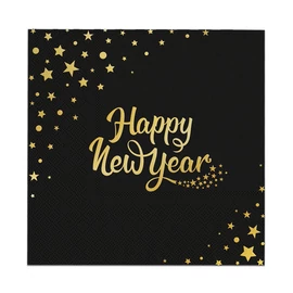 Fekete Happy New Year feliratú szalvéta arany mintával 10 db 33x33 cm