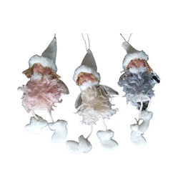 Lógó lábú ezüst szárnyú sapkás tollas angyalka karácsonyi dekoráció