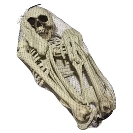 Halloweeni csontváz dekoráció, emberi csontok hálóban