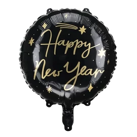 Fekete Happy New Year feliratú szilveszteri fólia lufi 46 cm 