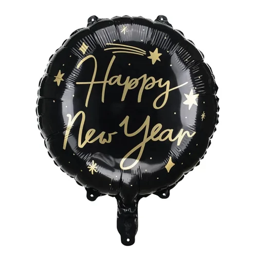 Fekete Happy New Year feliratú szilveszteri fólia lufi 46 cm 